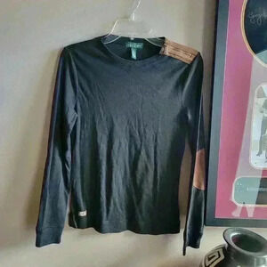 Lauren Jeans Ralph Lauren Black Cotton Sweater Suede Elbow Patches Medium Zipper